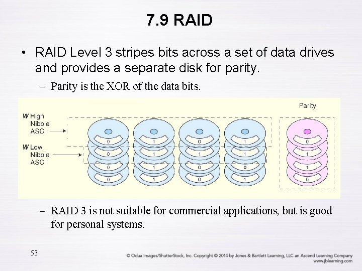 7. 9 RAID • RAID Level 3 stripes bits across a set of data