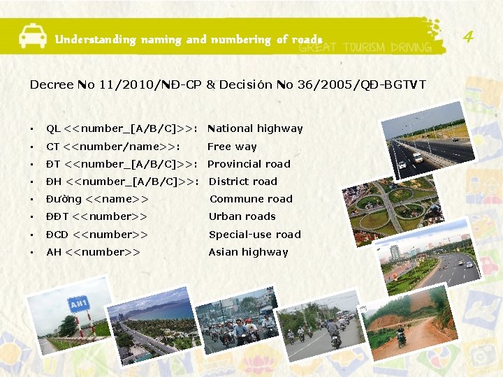 Understanding naming and numbering of roads Decree No 11/2010/NĐ-CP & Decisión No 36/2005/QĐ-BGTVT •