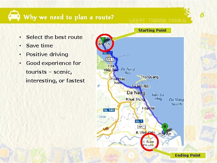 6 Why we need to plan a route? Starting Point • Select the best