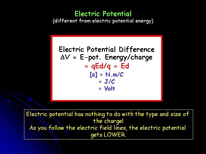Electric Potential (different from electric potential energy) Electric Potential Difference DV = E-pot. Energy/charge Electric Potential (different from electric potential energy) Electric Potential Difference DV = E-pot. Energy/charge
