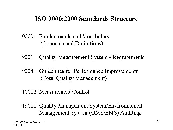 ISO 9000: 2000 Standards Structure 9000 Fundamentals and Vocabulary (Concepts and Definitions) 9001 Quality