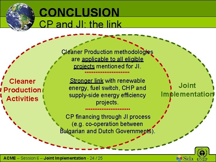 CONCLUSION CP and JI: the link Cleaner Production methodologies are applicable to all eligible