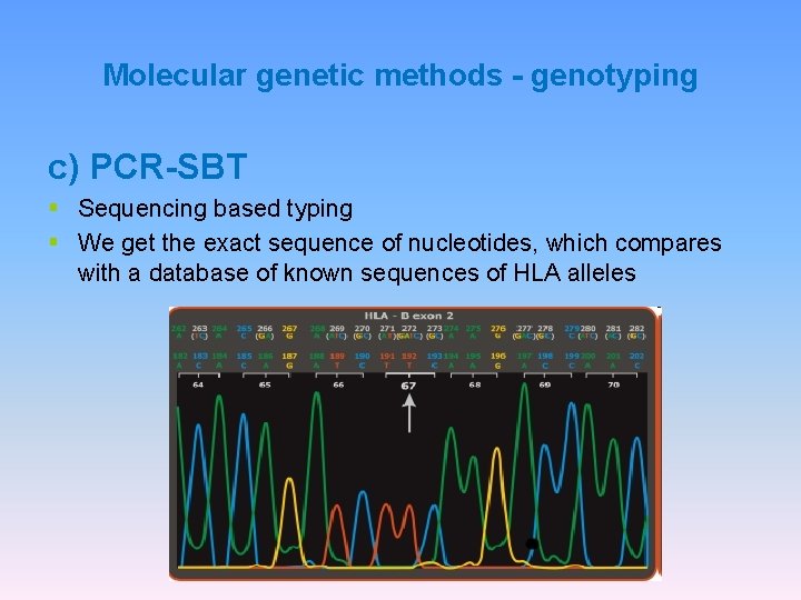 Molecular genetic methods - genotyping c) PCR-SBT § Sequencing based typing § We get