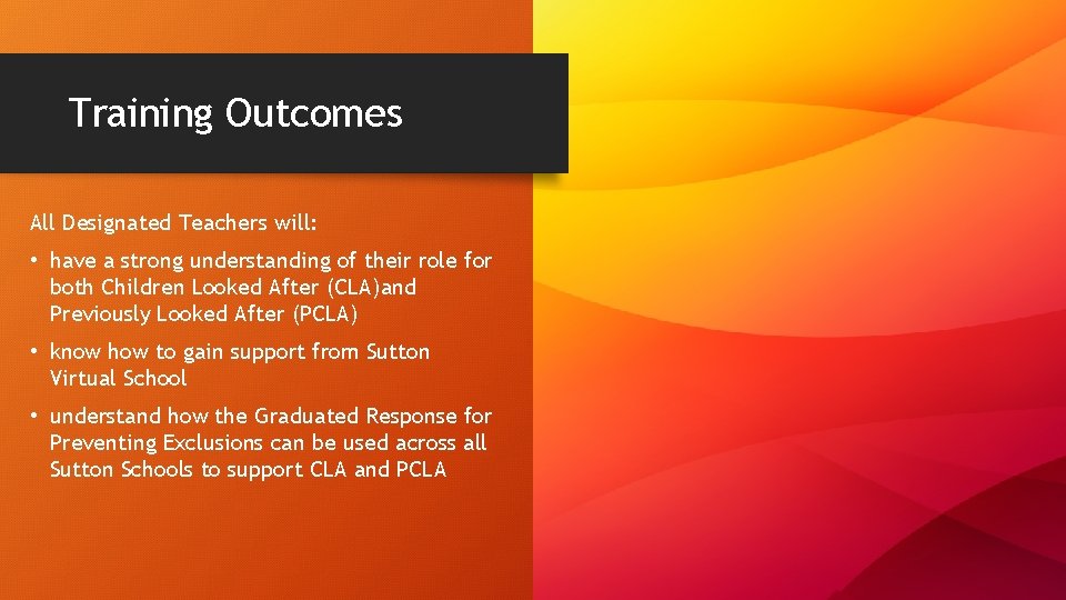 Training Outcomes All Designated Teachers will: • have a strong understanding of their role