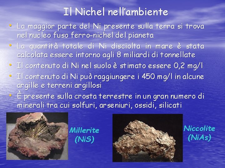 Il Nichel nell’ambiente • La maggior parte del Ni presente sulla terra si trova