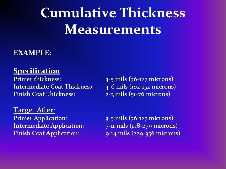 Cumulative Thickness Measurements EXAMPLE: Specification Primer thickness: Intermediate Coat Thickness: Finish Coat Thickness: Target