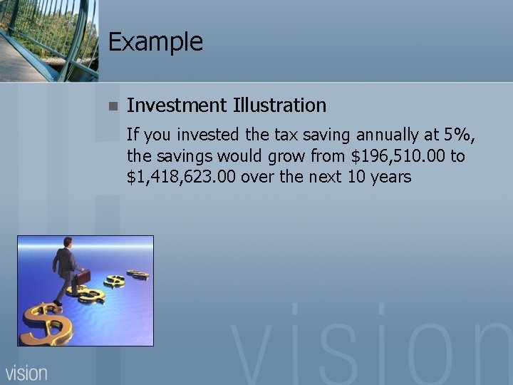 Example n Investment Illustration If you invested the tax saving annually at 5%, the