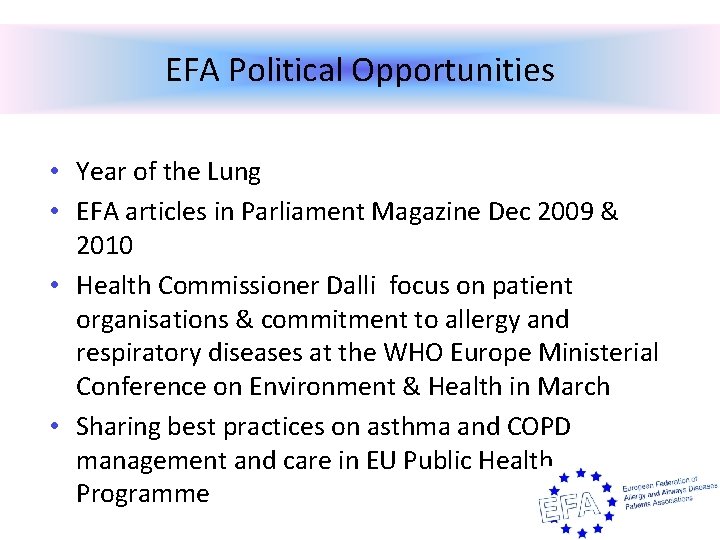 EFA Political Opportunities • Year of the Lung • EFA articles in Parliament Magazine