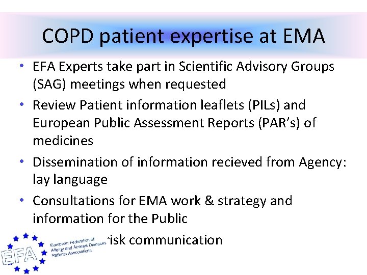 COPD patient expertise at EMA • EFA Experts take part in Scientific Advisory Groups