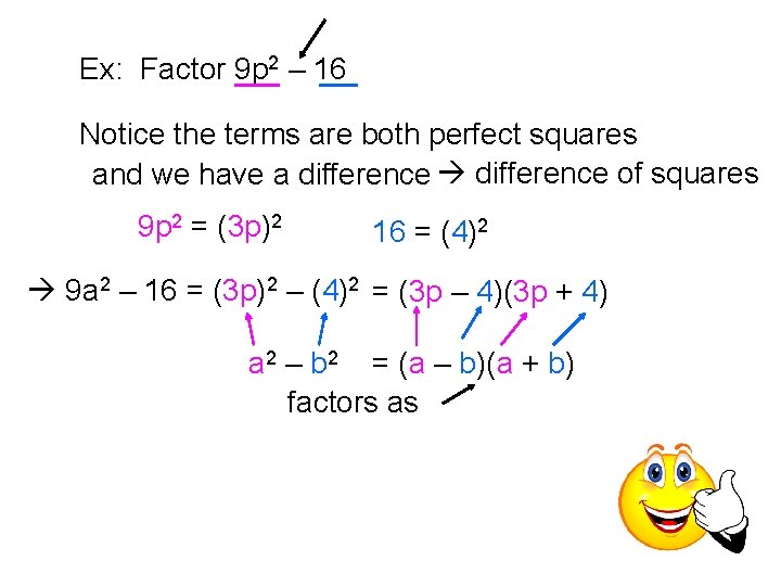 Ex: Factor 9 p 2 – 16 Notice the terms are both perfect squares