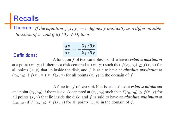 Recalls Theorem: Definitions: 