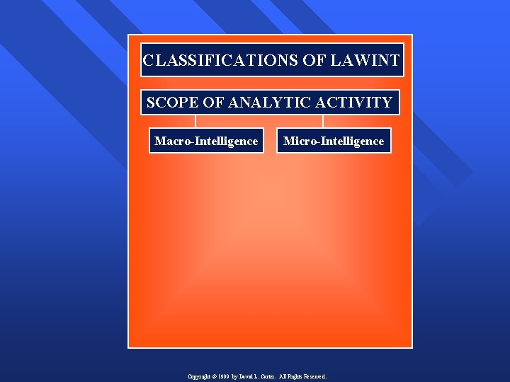 CLASSIFICATIONS OF LAWINT SCOPE OF ANALYTIC ACTIVITY Macro-Intelligence Micro-Intelligence Copyright © 1999 by David