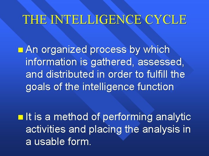 THE INTELLIGENCE CYCLE n An organized process by which information is gathered, assessed, and