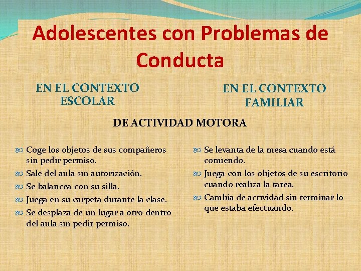 Adolescentes con Problemas de Conducta EN EL CONTEXTO ESCOLAR EN EL CONTEXTO FAMILIAR DE