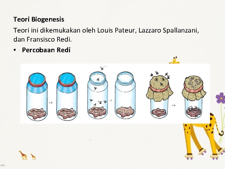 Teori Biogenesis Teori ini dikemukakan oleh Louis Pateur, Lazzaro Spallanzani, dan Fransisco Redi. •