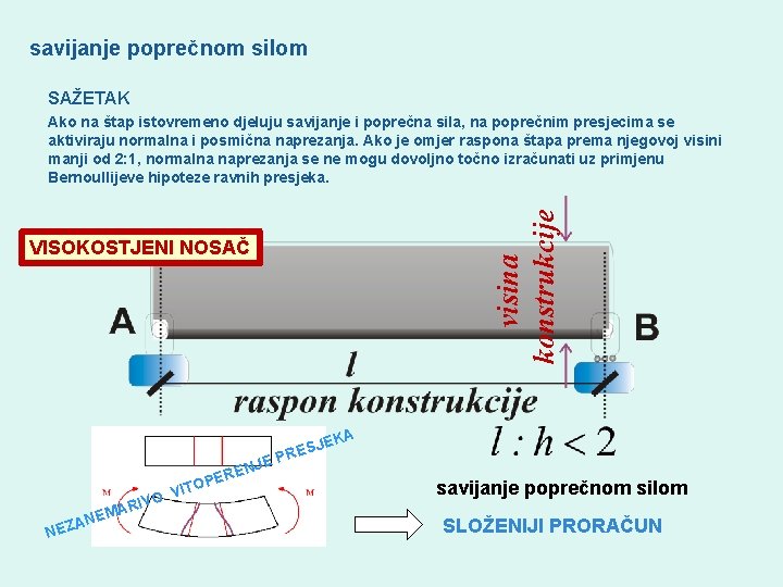 savijanje poprečnom silom SAŽETAK visina konstrukcije Ako na štap istovremeno djeluju savijanje i poprečna