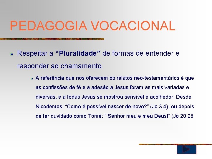 PEDAGOGIA VOCACIONAL Respeitar a “Pluralidade” de formas de entender e responder ao chamamento. A