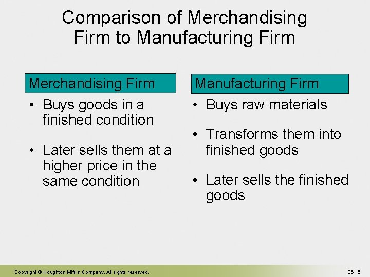 Comparison of Merchandising Firm to Manufacturing Firm Merchandising Firm • Buys goods in a Comparison of Merchandising Firm to Manufacturing Firm Merchandising Firm • Buys goods in a