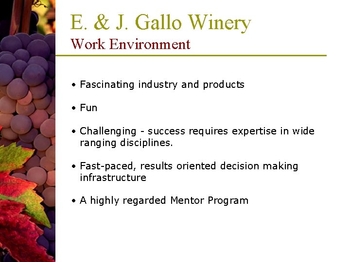 E. & J. Gallo Winery Work Environment • Fascinating industry and products • Fun E. & J. Gallo Winery Work Environment • Fascinating industry and products • Fun