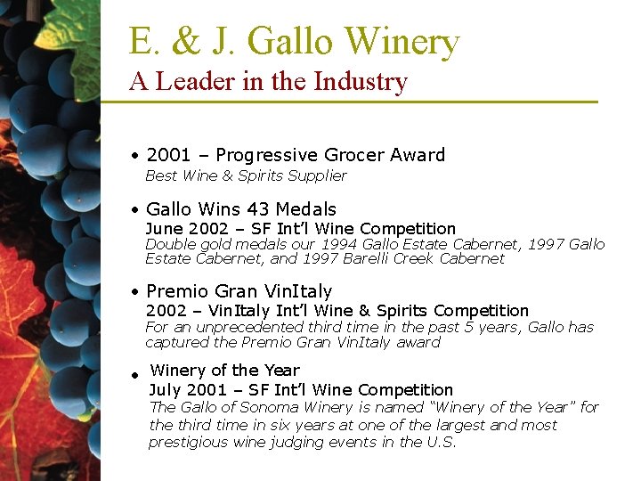 E. & J. Gallo Winery A Leader in the Industry • 2001 – Progressive E. & J. Gallo Winery A Leader in the Industry • 2001 – Progressive