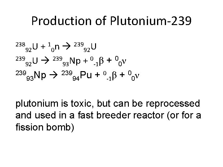 Production of Plutonium-239 1 n 239 U U + 92 0 92 239 U