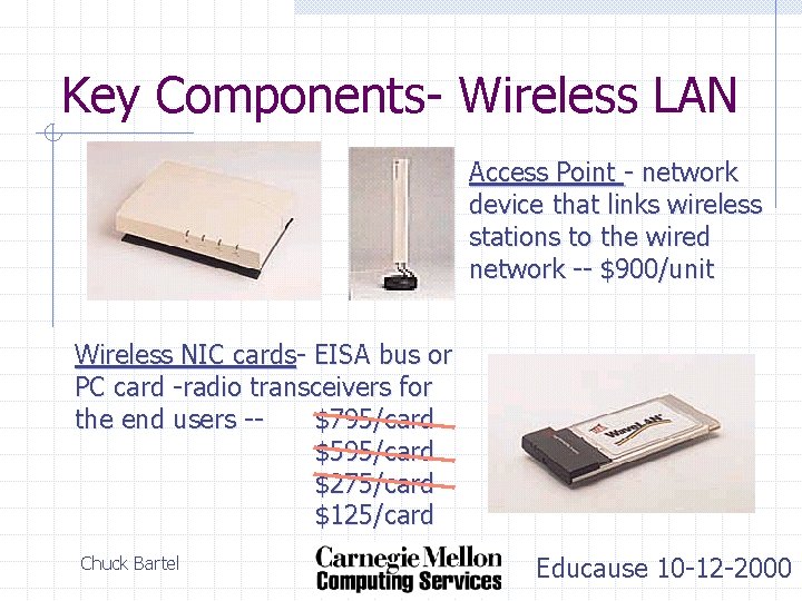 Key Components- Wireless LAN Access Point - network device that links wireless stations to