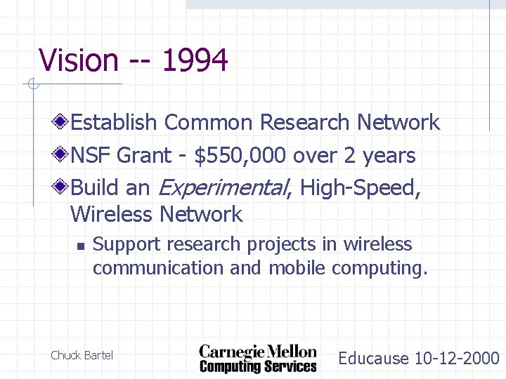 Vision -- 1994 Establish Common Research Network NSF Grant - $550, 000 over 2