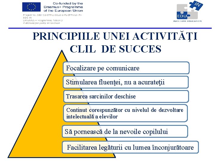 PRINCIPIILE UNEI ACTIVITĂŢI CLIL DE SUCCES Focalizare pe comunicare Stimularea fluenţei, nu a acurateţii