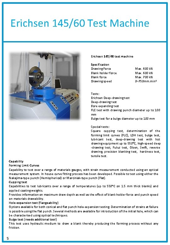 Erichsen 145/60 Test Machine Erichsen 145/60 test machine Specification Drawing Force Blank holder force