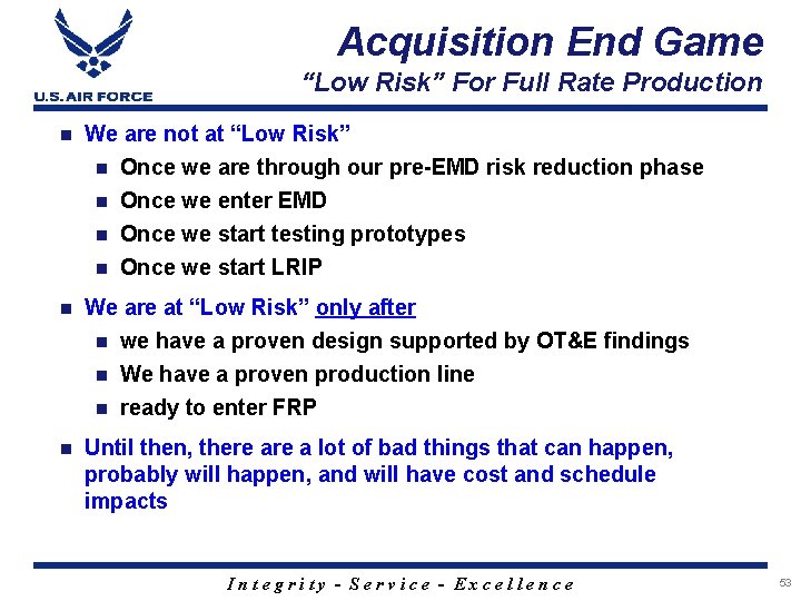 Acquisition End Game “Low Risk” For Full Rate Production n We are not at