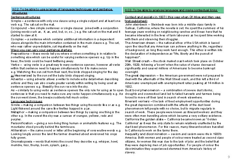 KC 2: To be able to use a range of language techniques and sentence KC 2: To be able to use a range of language techniques and sentence