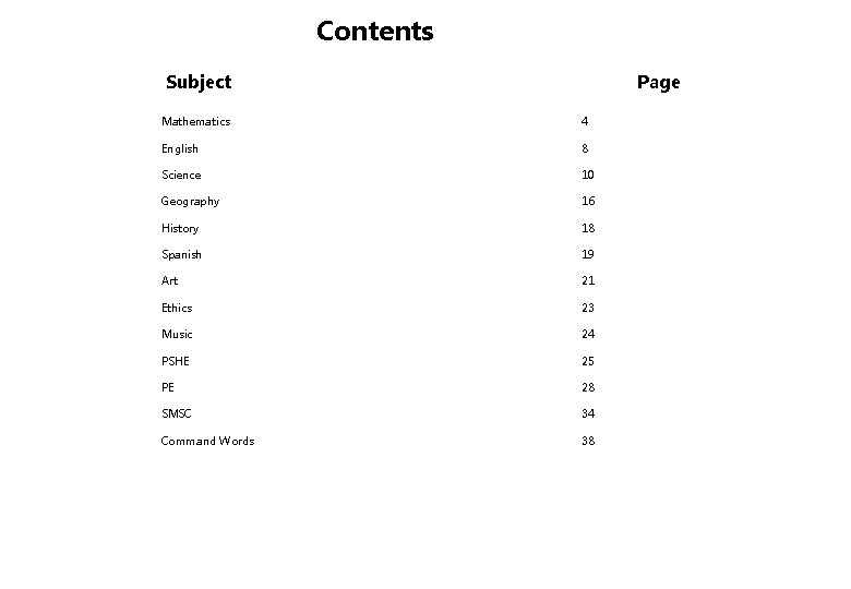 Contents Subject Page Mathematics 4 English 8 Science 10 Geography 16 History 18 Spanish Contents Subject Page Mathematics 4 English 8 Science 10 Geography 16 History 18 Spanish