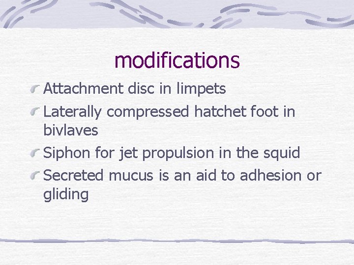 modifications Attachment disc in limpets Laterally compressed hatchet foot in bivlaves Siphon for jet