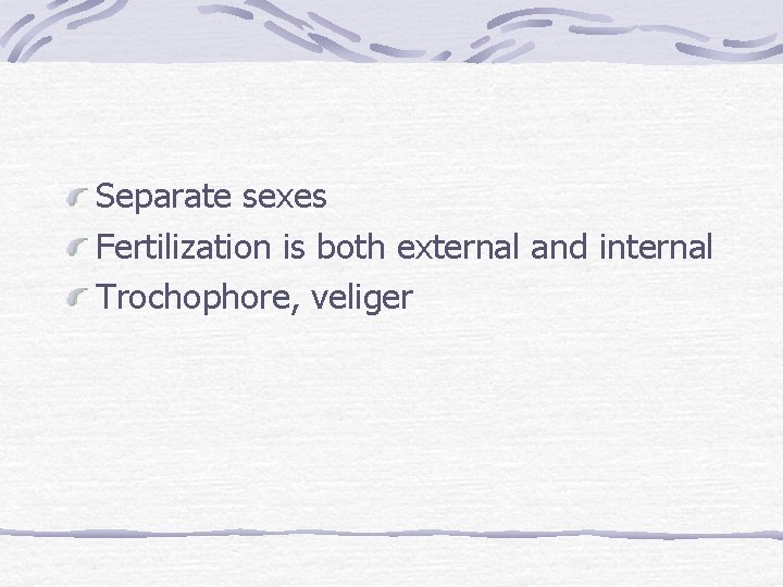 Separate sexes Fertilization is both external and internal Trochophore, veliger 