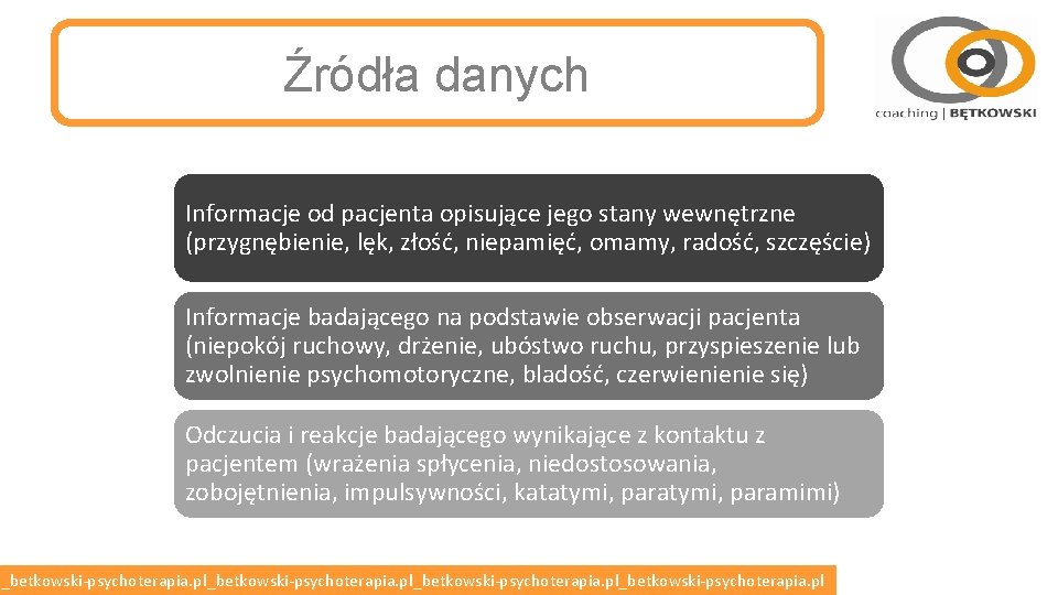 Źródła danych Informacje od pacjenta opisujące jego stany wewnętrzne (przygnębienie, lęk, złość, niepamięć, omamy,