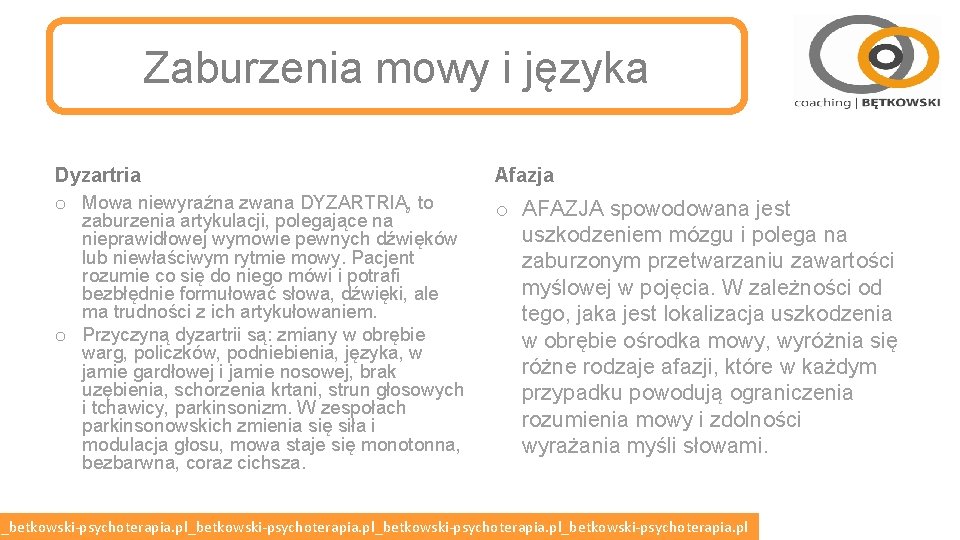 Zaburzenia mowy i języka Dyzartria o Mowa niewyraźna zwana DYZARTRIĄ, to zaburzenia artykulacji, polegające