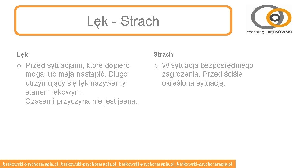 Lęk - Strach Lęk Strach o Przed sytuacjami, które dopiero mogą lub mają nastąpić.