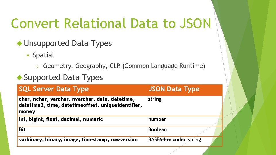 Convert Relational Data to JSON Unsupported § Data Types Spatial o Geometry, Geography, CLR