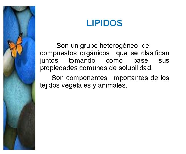 LIPIDOS Son un grupo heterogéneo de compuestos orgánicos que se clasifican juntos tomando como LIPIDOS Son un grupo heterogéneo de compuestos orgánicos que se clasifican juntos tomando como