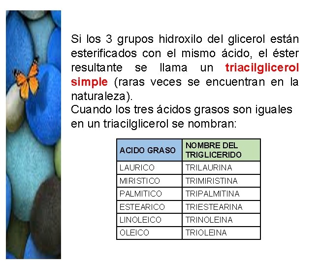 Si los 3 grupos hidroxilo del glicerol están esterificados con el mismo ácido, el Si los 3 grupos hidroxilo del glicerol están esterificados con el mismo ácido, el