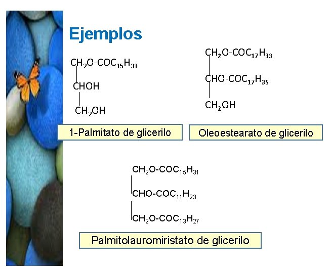 Ejemplos CH 2 O-COC 17 H 33 CH 2 O-COC 15 H 31 CHO-COC Ejemplos CH 2 O-COC 17 H 33 CH 2 O-COC 15 H 31 CHO-COC