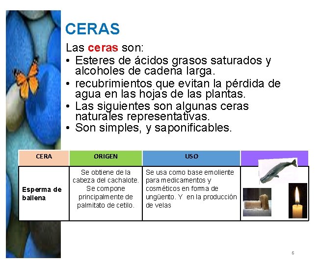CERAS Las ceras son: • Esteres de ácidos grasos saturados y alcoholes de cadena CERAS Las ceras son: • Esteres de ácidos grasos saturados y alcoholes de cadena