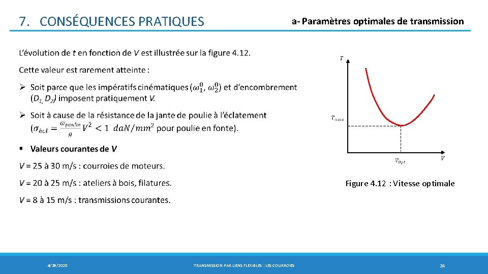 7. CONSÉQUENCES PRATIQUES a- Paramètres optimales de transmission Figure 4. 12 : Vitesse optimale