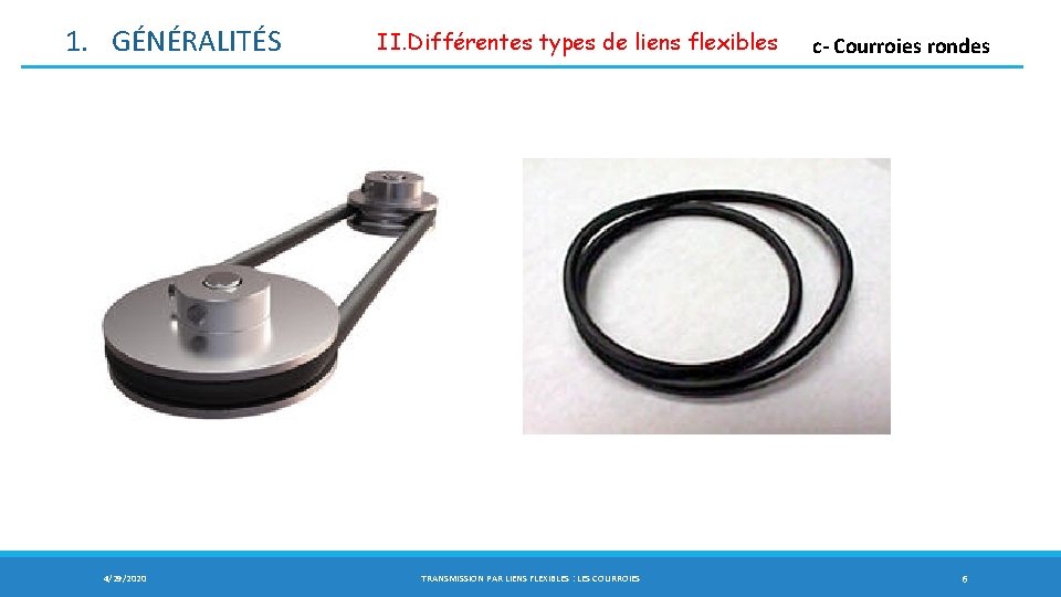 1. GÉNÉRALITÉS 4/29/2020 II. Différentes types de liens flexibles c- Courroies rondes TRANSMISSION PAR