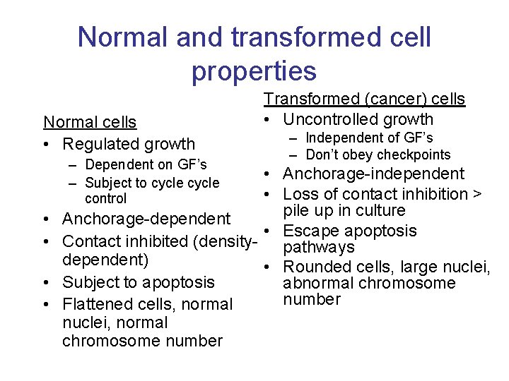 Normal and transformed cell properties Normal cells • Regulated growth – Dependent on GF’s