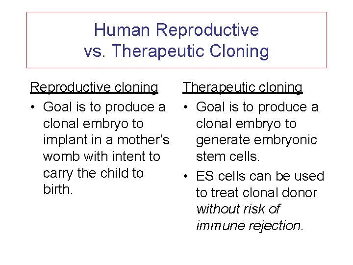 Human Reproductive vs. Therapeutic Cloning Reproductive cloning Therapeutic cloning • Goal is to produce