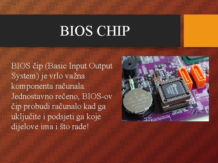 BIOS CHIP BIOS čip (Basic Input Output System) je vrlo važna komponenta računala. Jednostavno