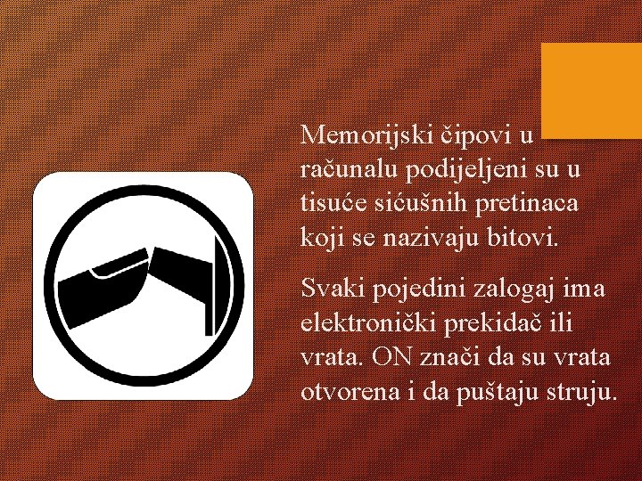 Memorijski čipovi u računalu podijeljeni su u tisuće sićušnih pretinaca koji se nazivaju bitovi.