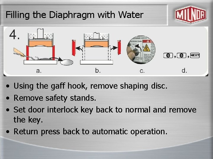 Filling the Diaphragm with Water • Using the gaff hook, remove shaping disc. •