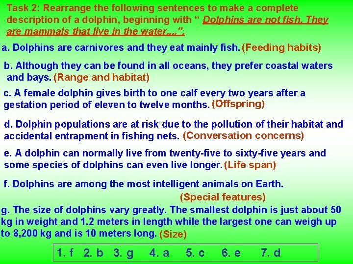 Task 2: Rearrange the following sentences to make a complete description of a dolphin,